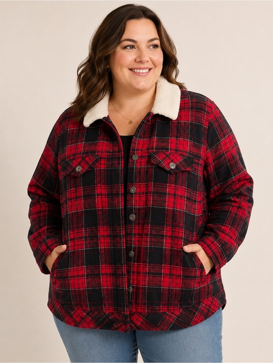 torrid Jackets & Blazers - Torrid Red Black Plaid Sherpa Collar Jacket Size 2 Plus Size Trucker Shacket